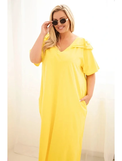 Dámské bavlněné šaty Plus Size s volánem na ramenou žluté Dámské bavlněné šaty Plus Size s volánem na ramenou žluté