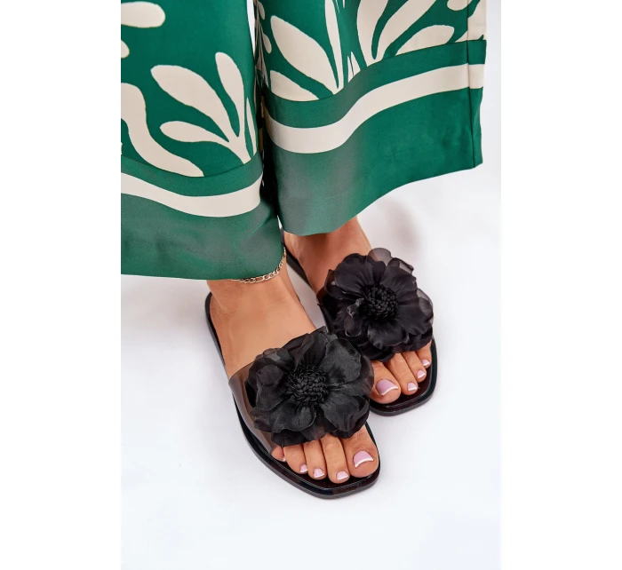 Průhledné Ploché Pantofle Dámské Se Umělou Květinou Černé Vobetta Průhledné Ploché Pantofle Dámské Se Umělou Květinou Černé Vobetta