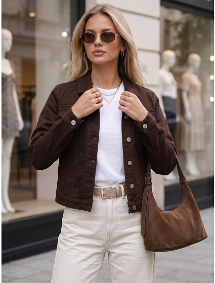 Kurtka jeansowa damska przejściowa brązowa model 22341145 - FashionStreet Kurtka jeansowa damska przejściowa brązowa model 22341145 - FashionStreet