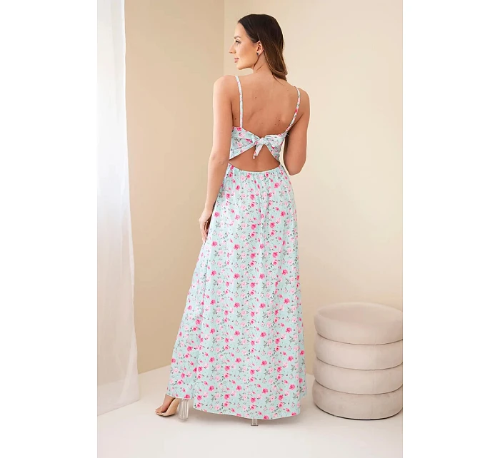 Dámské maxi šaty s květinovým vzorem na ramínkách se zavazováním na zádech mentolová