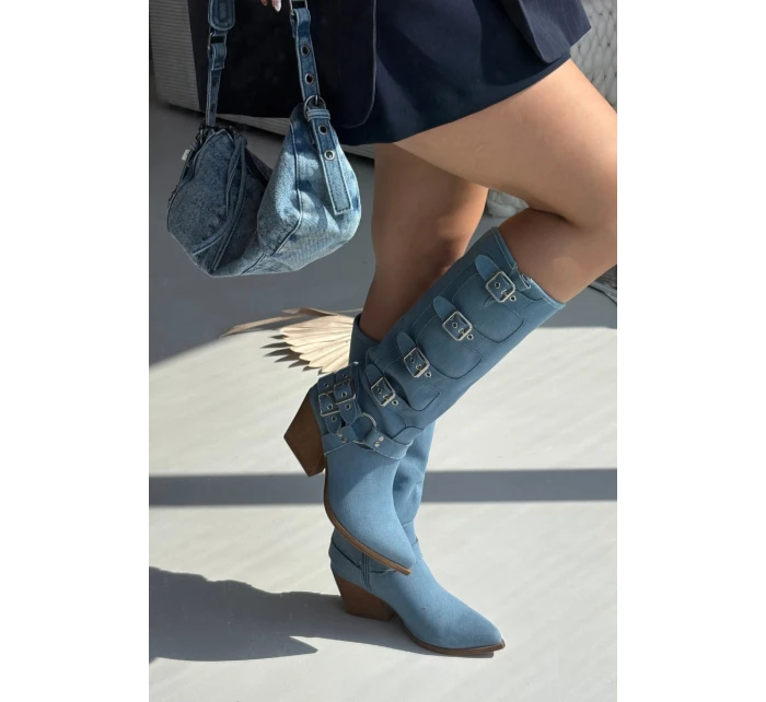 Dámské džínové kozačky kovbojského stylu na podpatku s přezkami Fivelle – jeansové