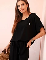 Dámský komplet z viskózy s ozdobným květem a širokými kalhotami - fuchsie černý