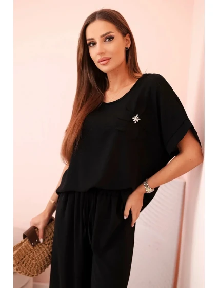 Dámský komplet z viskózy s ozdobným květem a širokými kalhotami - fuchsie černý