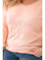 Dámská blůza Plus Size s potiskem a perlami meruňková Dámská blůza Plus Size s potiskem a perlami meruňková