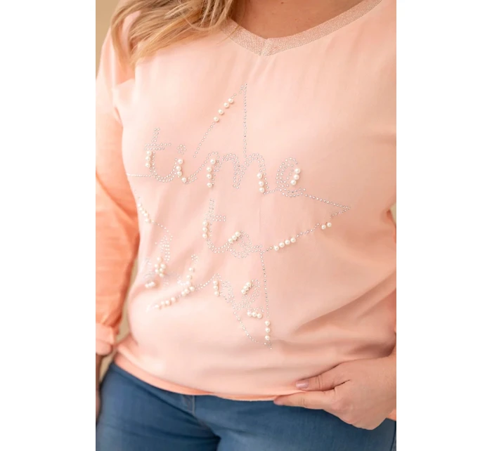 Dámská blůza Plus Size s potiskem a perlami meruňková Dámská blůza Plus Size s potiskem a perlami meruňková