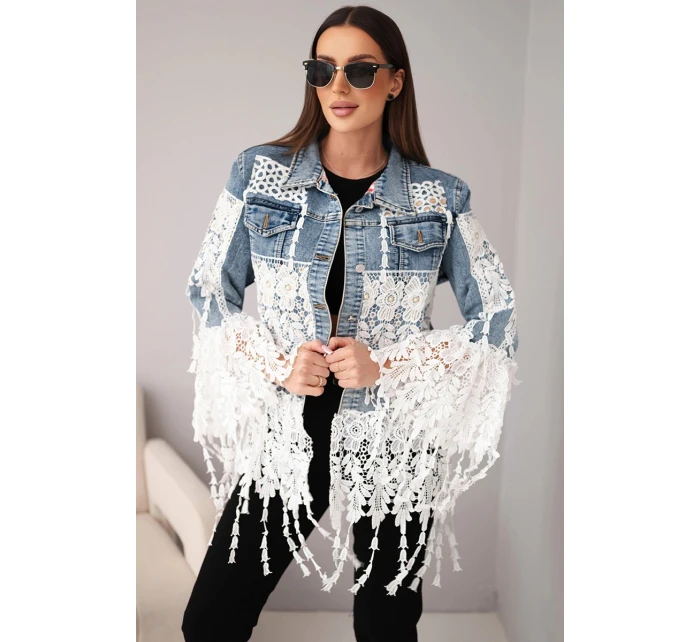 Dámská džínová bunda bavlněná s krajkou a třásněmi tmavě džínová