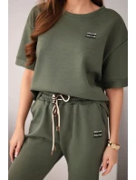 Dámská souprava viskózová máslová s krátkým rukávem a kalhotami s ohrnutým nohavicí khaki