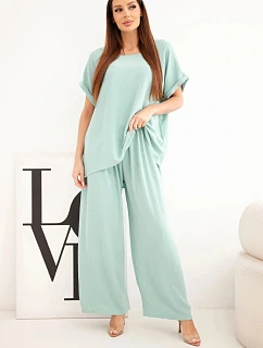 Dámský komplet Plus Size halenka a kalhoty se širokými nohavicemi tmavě mentolová