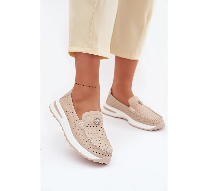 Dámské vzorované mokasíny z přírodní kůže béžové model 22095036 - EVENTO Dámské vzorované mokasíny z přírodní kůže béžové model 22095036 - EVENTO