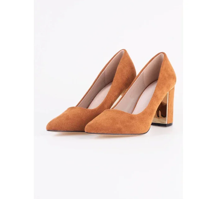 Dámské semišové lodičky na sloupkovém podpatku Camel hnědá model 18790082 - Inello