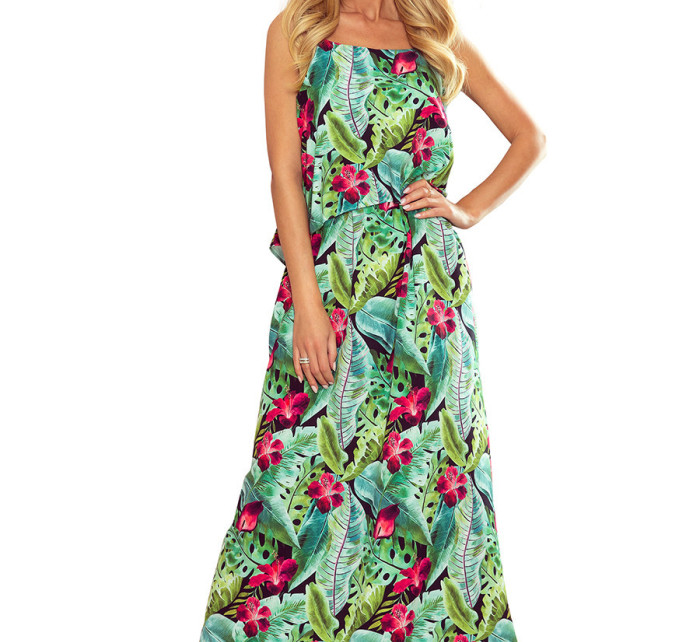 Dlouhé dámské letní šaty na ramínkách, se vzorem zelených listů a růžových květů 294-2