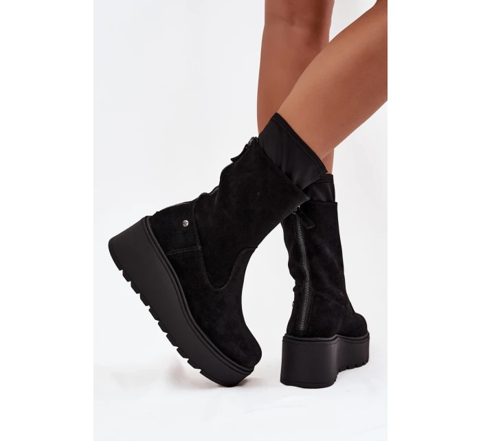 Dámské kožené semišové kotníkové boty na masivní platformě Maciejka A7161-20 Černé
