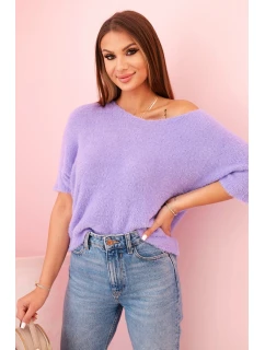 Svetr dámský z měkkého chlupu s výstřihem do V krátký rukáv světlá fialová