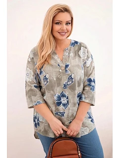 Dámská bavlněná halenka Plus Size s květinovým vzorem béžová