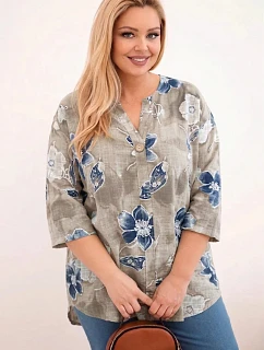 Dámská bavlněná halenka Plus Size s květinovým vzorem béžová