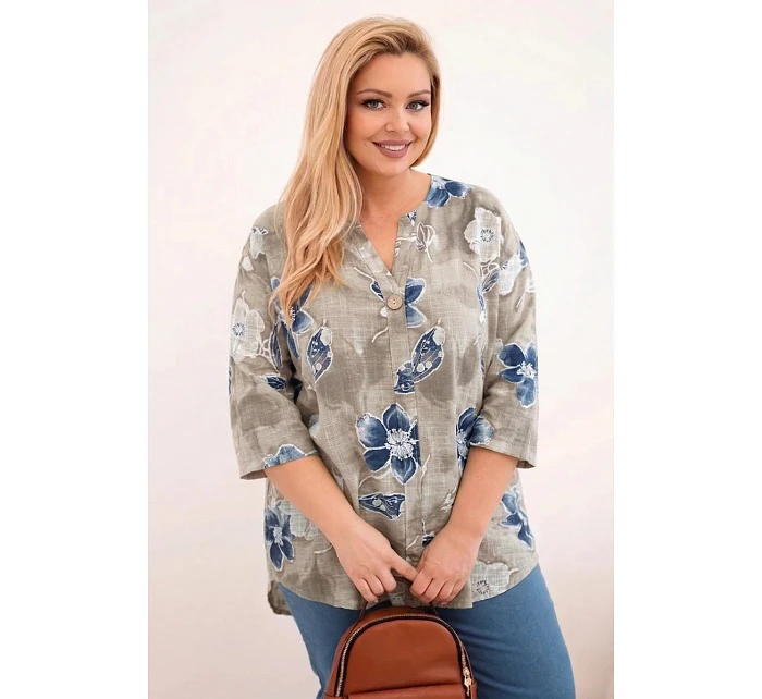 Dámská bavlněná halenka Plus Size s květinovým vzorem béžová