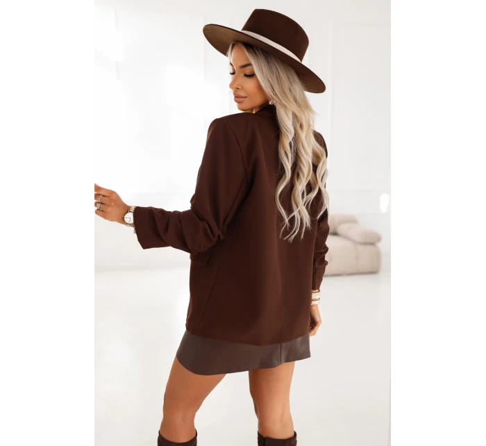 model 21796735 Dámské klasické sako s nabíranými rukávy čokoládové - numoco basic