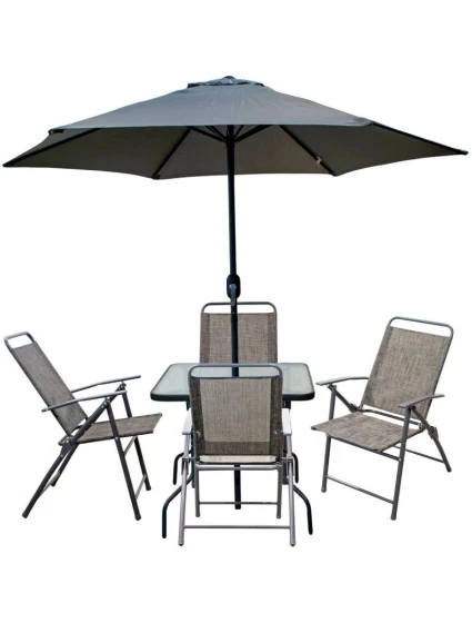 SADA ZAHRADNÍHO NÁBYTKU SYDNEY STŮL 4 ŽIDLE A SLUNEČNÍK ŠEDÁ