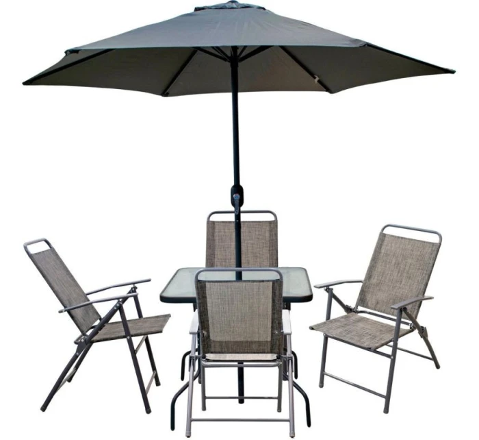SADA ZAHRADNÍHO NÁBYTKU SYDNEY STŮL 4 ŽIDLE A SLUNEČNÍK ŠEDÁ