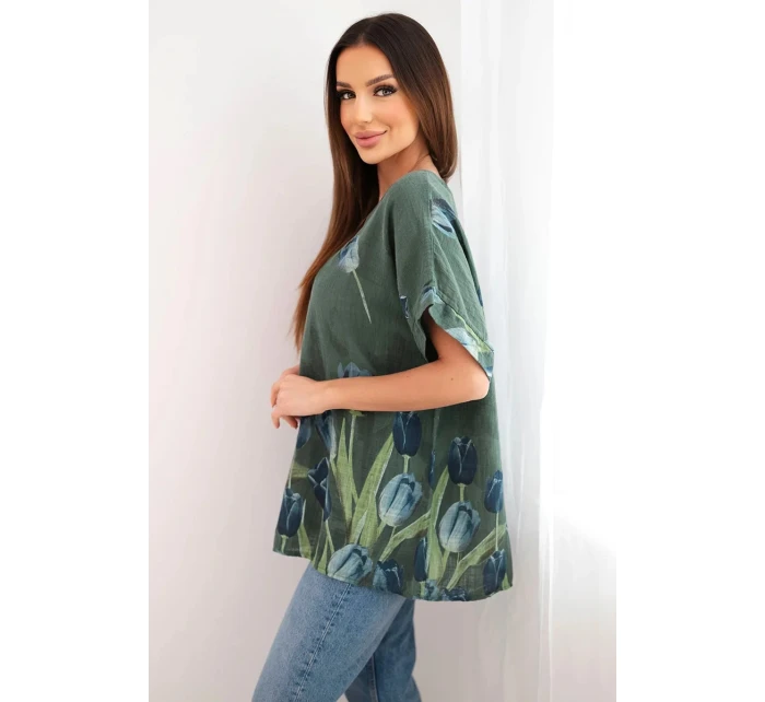 Dámská bavlněná košile s květinovým vzorem tmavé khaki