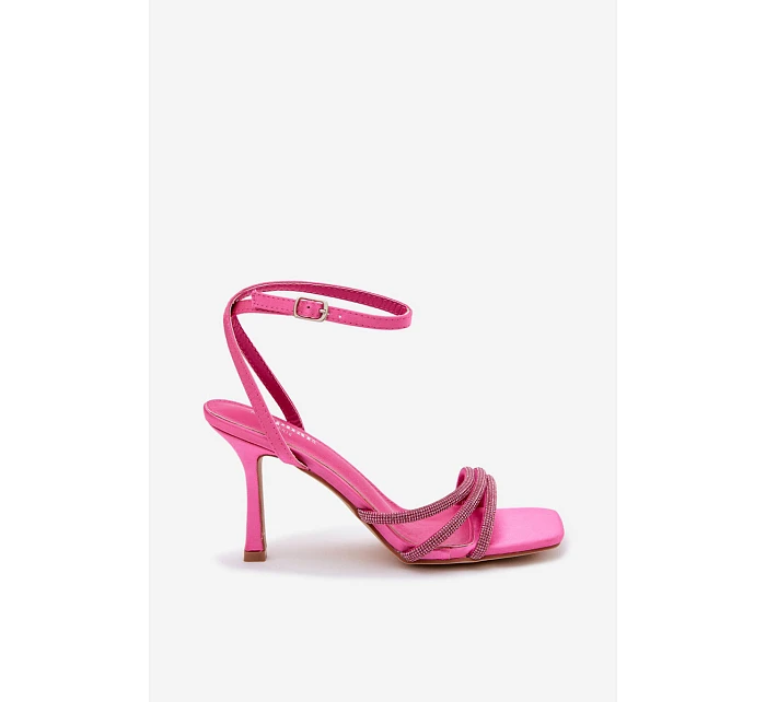Dámské sandály na podpatku s pásky a kamínky fuchsiové Chiara