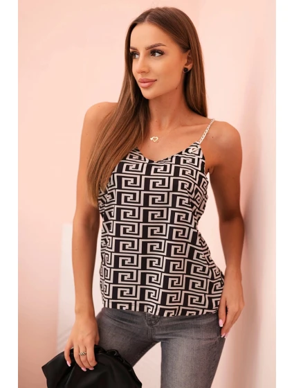Dámská top s ramínky, řetízkem a geometrickým vzorem béžová + černá