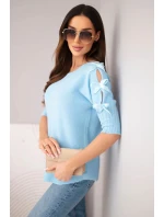 Dámský svetr s krátkým rukávem a ozdobnými mašličkami modrý Dámský svetr s krátkým rukávem a ozdobnými mašličkami modrý