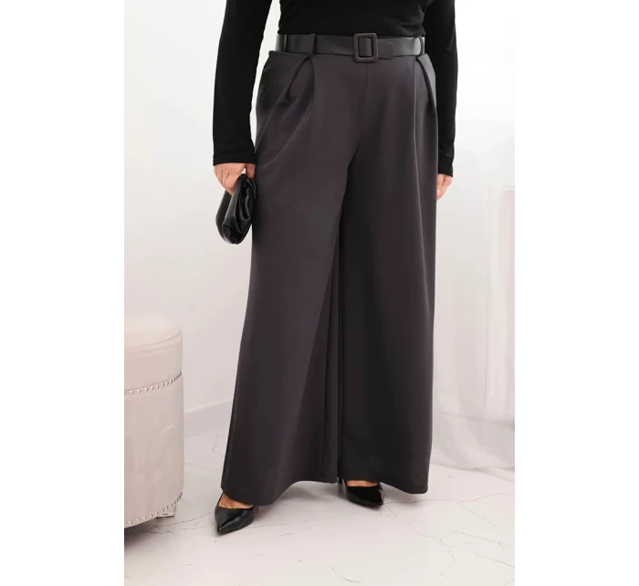 Dámské kalhoty Plus Size s širokou nohavicí a páskem grafitové Dámské kalhoty Plus Size s širokou nohavicí a páskem grafitové