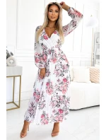 458-3 GEPPI Plisované MIDI šaty s výstřihem, dlouhými rukávy a páskem - bílé s červenými ROSES