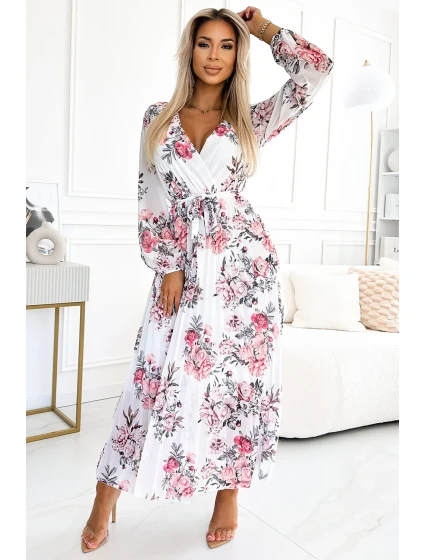 458-3 GEPPI Plisované MIDI šaty s výstřihem, dlouhými rukávy a páskem - bílé s červenými ROSES