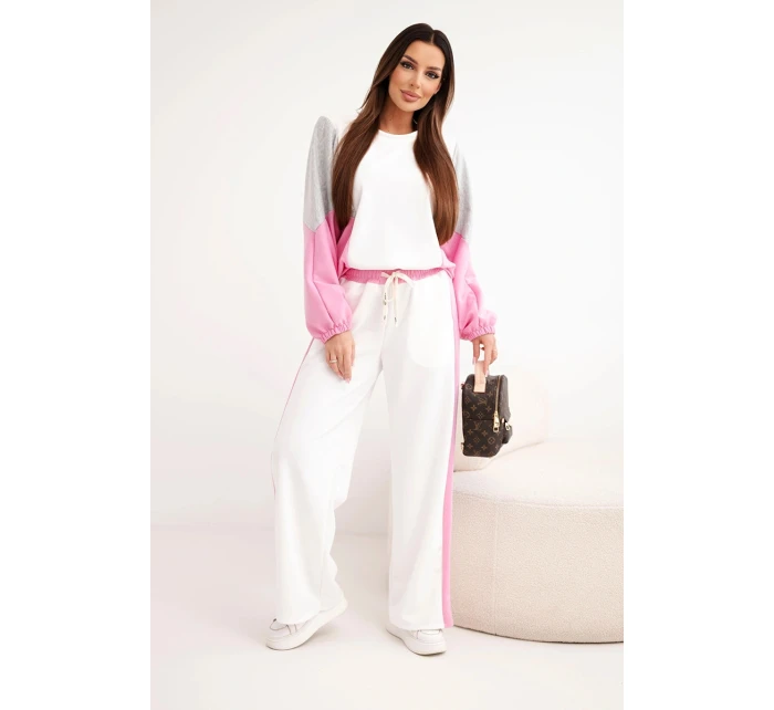 Dámská souprava s volnou mikinou a širokými kalhotami světle růžová