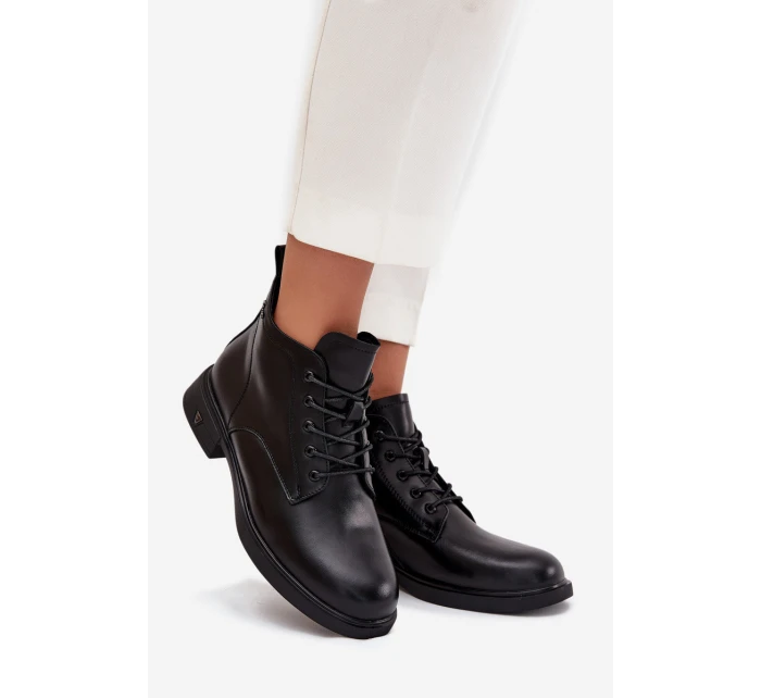 Zateplené kožené dámské boty na nízkém podpatku model 21710502 Černé - VINCEZA