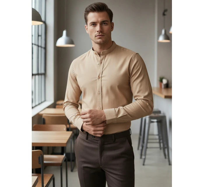 Pánská ležérní béžová košile SLIM FIT se stojáčkem FashionStreet DX2601