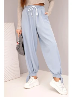 Dámské kalhoty s širokými nohavicemi a zavazováním dole džínové modré
