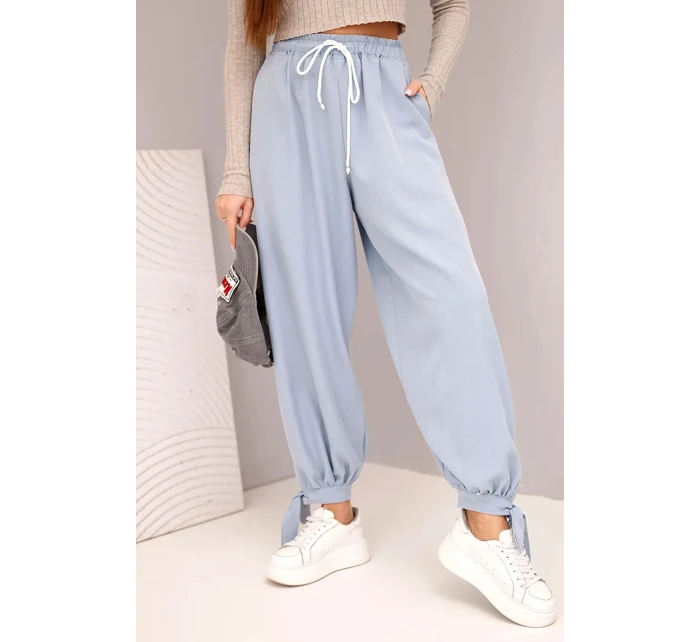 Dámské kalhoty s širokými nohavicemi a zavazováním dole džínové modré
