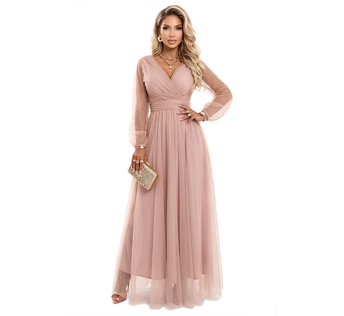 Dlouhé maxi šaty s rukávy a obálkovým výstřihem pudrově růžové model 22046066 - numoco basic