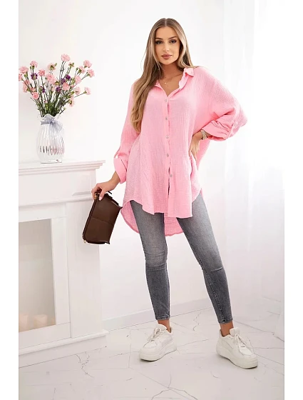 Bavlněná mušelínová košile Plus Size bonbónově růžová