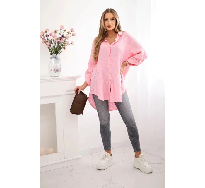Bavlněná mušelínová košile Plus Size bonbónově růžová