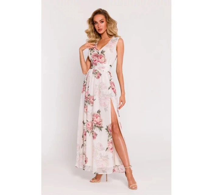 Dámské šifonové šaty model 21105543 model 2 Ecru s květy - Moe Dámské šifonové šaty model 21105543 model 2 Ecru s květy - Moe