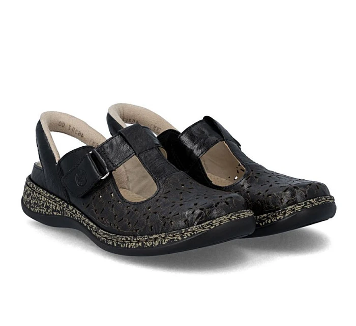 Dámské kožené ažurové sandály pohodlné široké černé Rieker 46397-00 Dámské kožené ažurové sandály pohodlné široké černé Rieker 46397-00