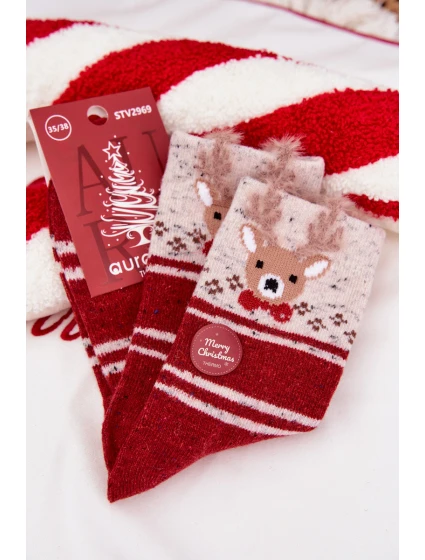Dámské vánoční ponožky s motivem soba a proužky – červené (vlna alpaka) Dámské vánoční ponožky s motivem soba a proužky – červené (vlna alpaka)