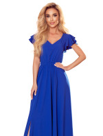 Dlouhé dámské šaty v chrpové barvě s výstřihem a volánky model 17406216 - numoco