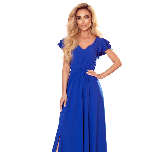 LIDIA - Dlouhé dámské šaty v chrpové barvě s výstřihem a volánky 310-3