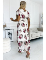 LISA - Dámské plisované midi šaty s výstřihem, volánky a se vzorem vínových bordó růží 434-7