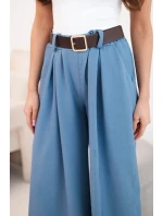 Dámské kalhoty s širokou nohavicí a páskem model 21893621 modré - K-Fashion