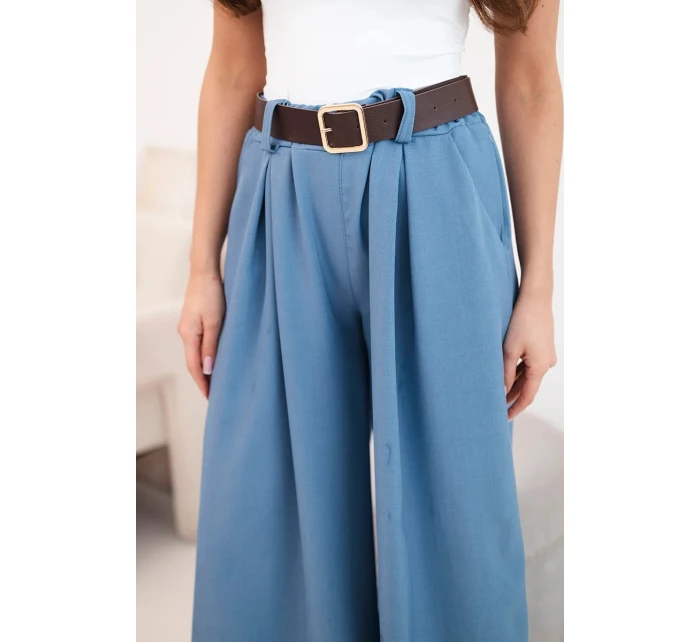 Dámské kalhoty s širokou nohavicí a páskem model 21893621 modré - K-Fashion