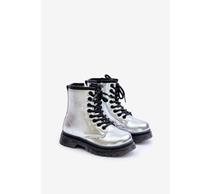 Zateplené dívčí lakované boty na zip stříbrné Novita Zateplené dívčí lakované boty na zip stříbrné Novita
