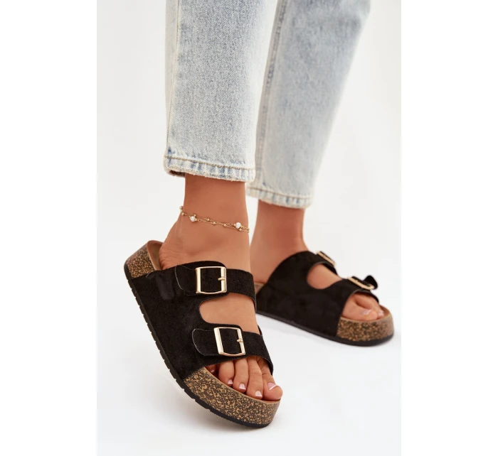 Dámské pantofle na korkové platformě se zlatými sponami Černé Tovessa Dámské pantofle na korkové platformě se zlatými sponami Černé Tovessa