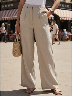 Dámské lněné kalhoty s širokými nohavicemi béžové FashionStreet UY3079