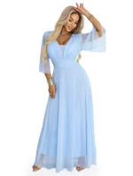 654-3 Dlouhé třpytivé plus size šaty s výstřihem a průhlednými rukávy - modré 654-3 Dlouhé třpytivé plus size šaty s výstřihem a průhlednými rukávy - modré